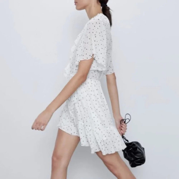 Zara Ruffle Mesh Polka Dot Dress White Black Size Small - Picture 5 of 6